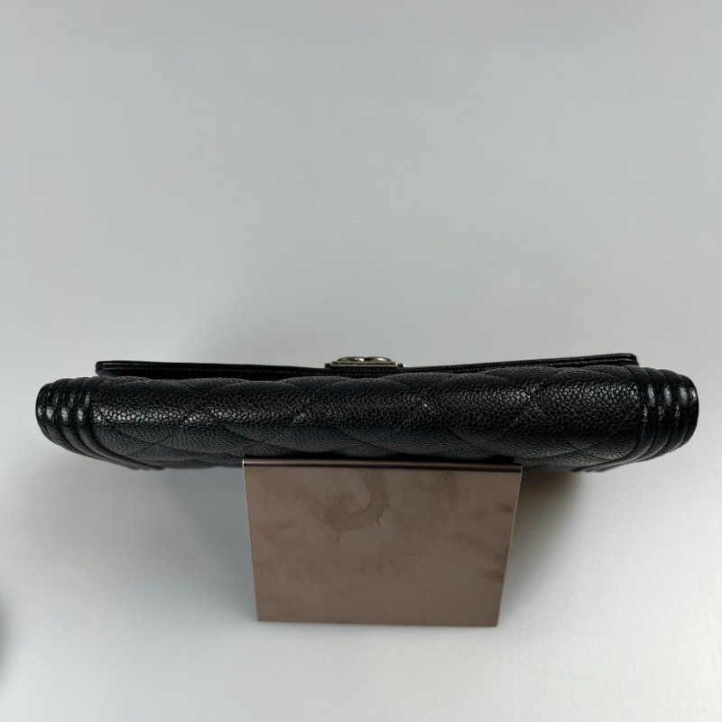 CHANEL BOY銀釦翻蓋長夾 荔枝黑 22開-5