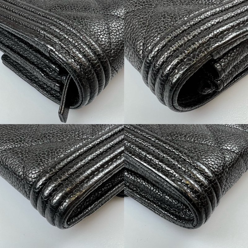 CHANEL BOY銀釦翻蓋長夾 荔枝黑 22開-10