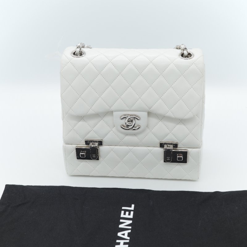 Chanel 香奈兒 Cockpit 白色菱格紋 羊皮 翻蓋包 斜背包-0