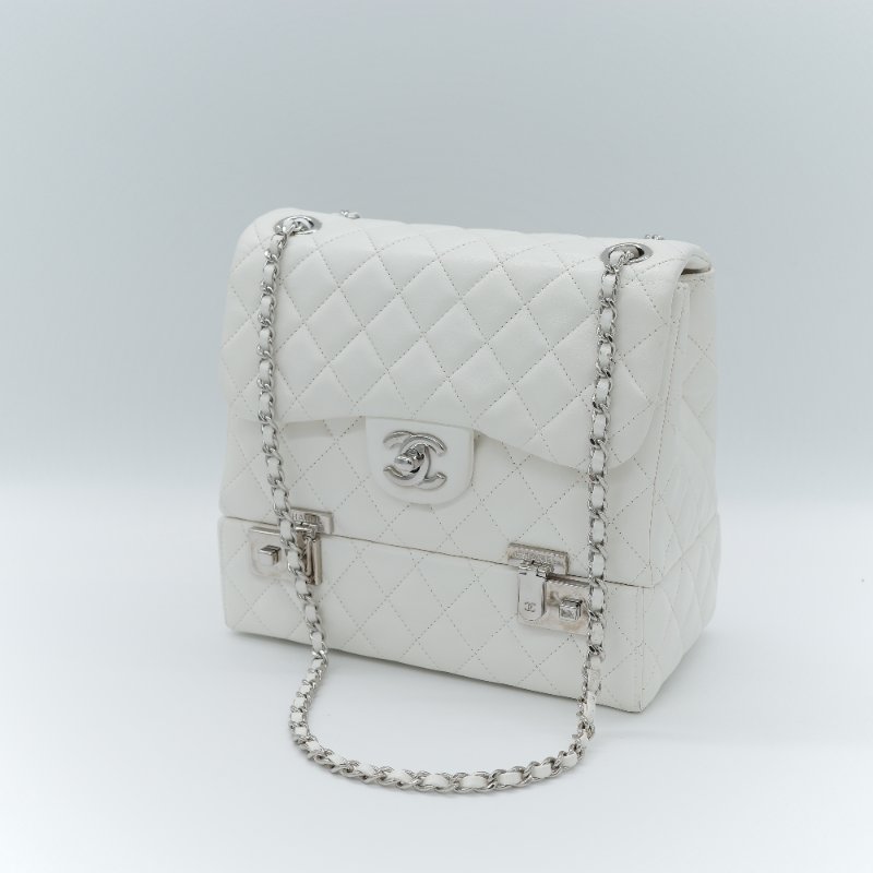 Chanel 香奈兒 Cockpit 白色菱格紋 羊皮 翻蓋包 斜背包-2