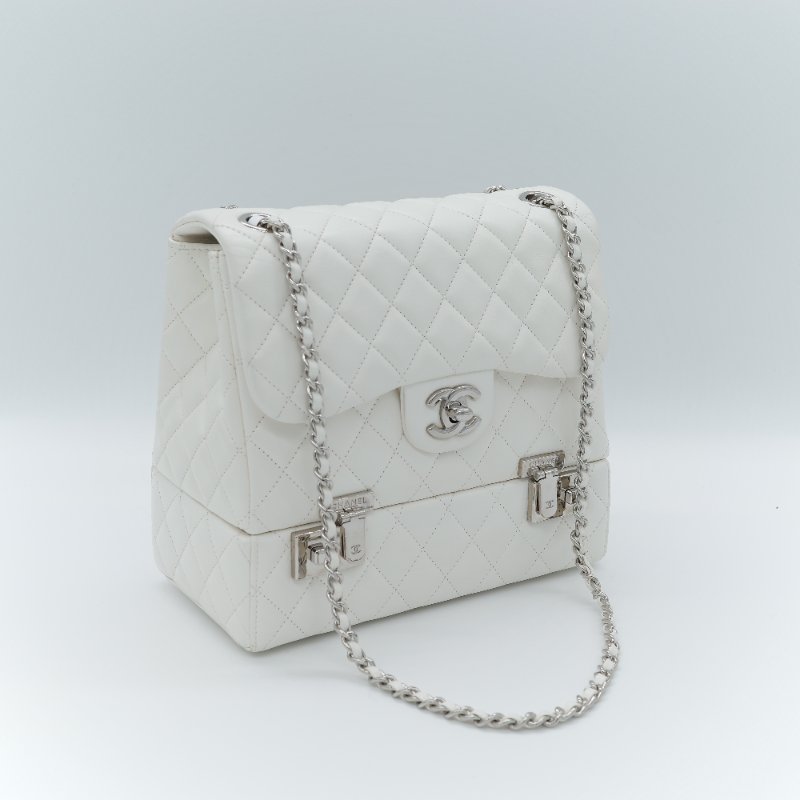 Chanel 香奈兒 Cockpit 白色菱格紋 羊皮 翻蓋包 斜背包-3