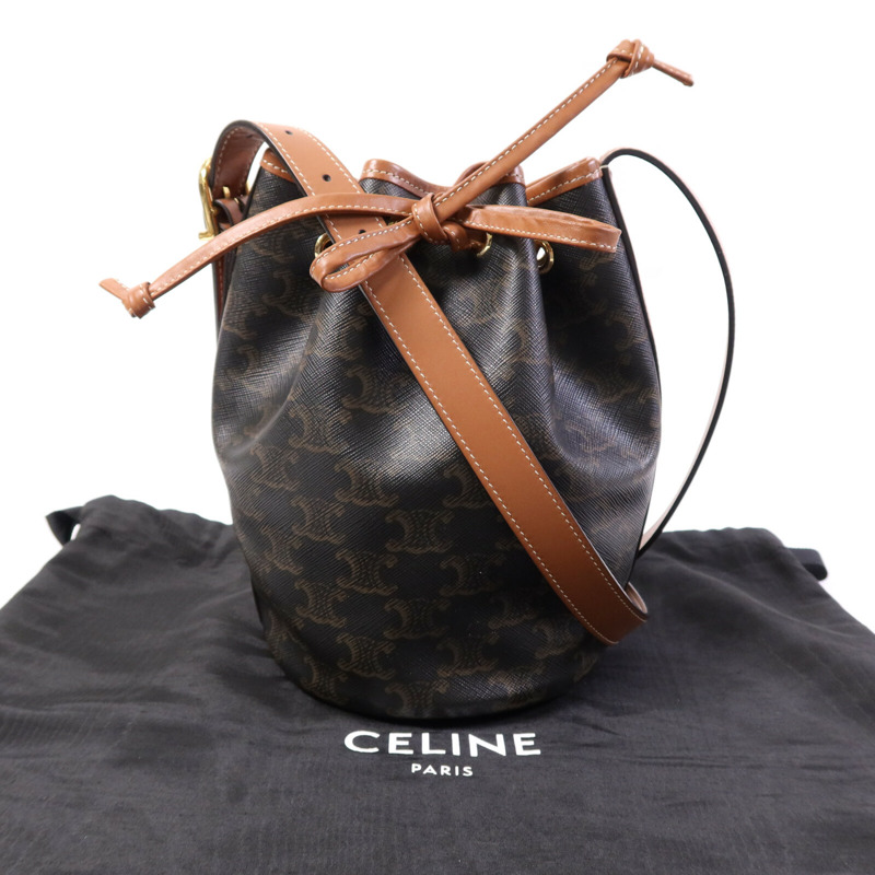 CELINE 塗層帆布Triomphe Drawstring Small bucket金扣肩背袋-7