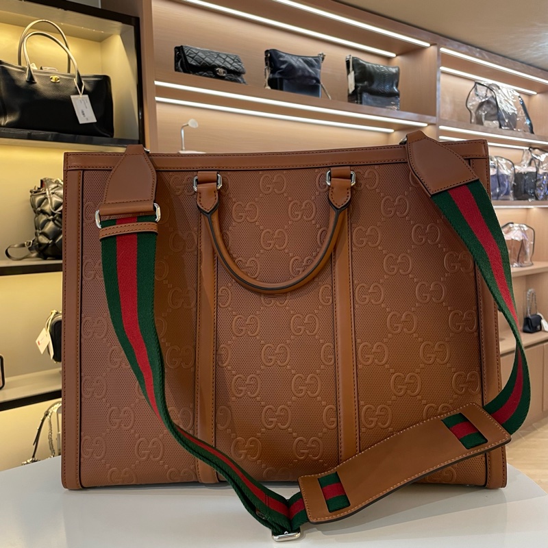 GUCCI古驰 满印logo 棕色全皮托特tote包 配件肩带 黑标-1