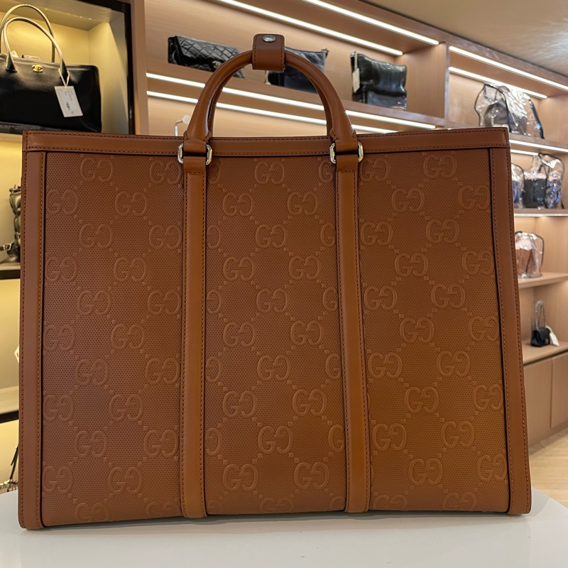 GUCCI古驰 满印logo 棕色全皮托特tote包 配件肩带 黑标-2