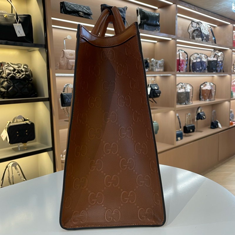 GUCCI古驰 满印logo 棕色全皮托特tote包 配件肩带 黑标-3
