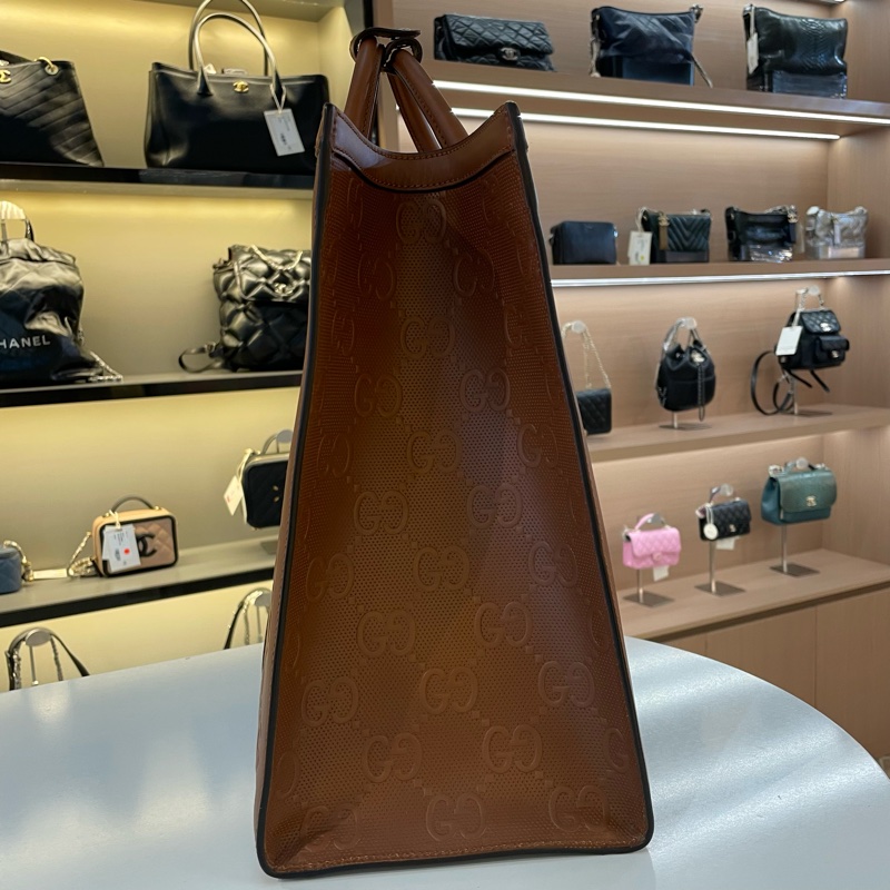 GUCCI古驰 满印logo 棕色全皮托特tote包 配件肩带 黑标-4