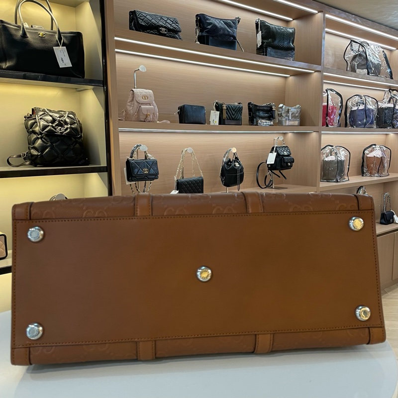 GUCCI古驰 满印logo 棕色全皮托特tote包 配件肩带 黑标-5