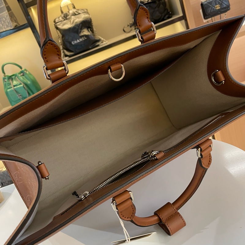 GUCCI古驰 满印logo 棕色全皮托特tote包 配件肩带 黑标-13