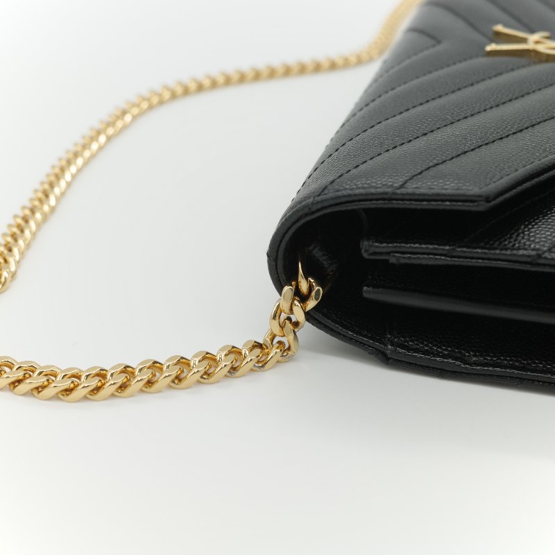 Saint Laurent 聖羅蘭  Cassandre WOC 黑色顆粒紋牛皮 金扣 鏈帶包 斜背包-8