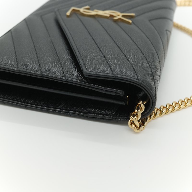 Saint Laurent 聖羅蘭  Cassandre WOC 黑色顆粒紋牛皮 金扣 鏈帶包 斜背包-9
