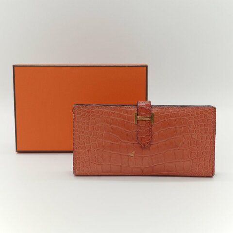 Hermès 愛馬仕 Béarn Soufflet 橘色 鱷魚皮 長夾