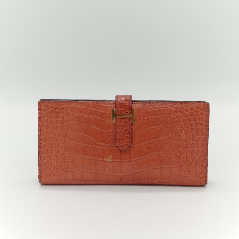 Hermès 愛馬仕 Béarn Soufflet 橘色 鱷魚皮 長夾-1