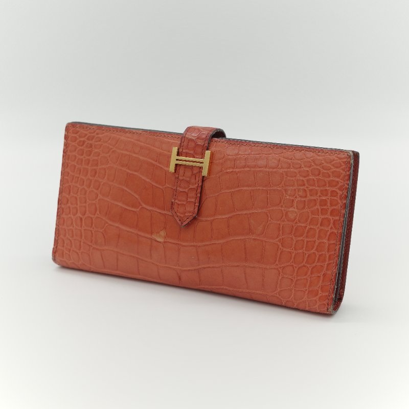 Hermès 愛馬仕 Béarn Soufflet 橘色 鱷魚皮 長夾-2