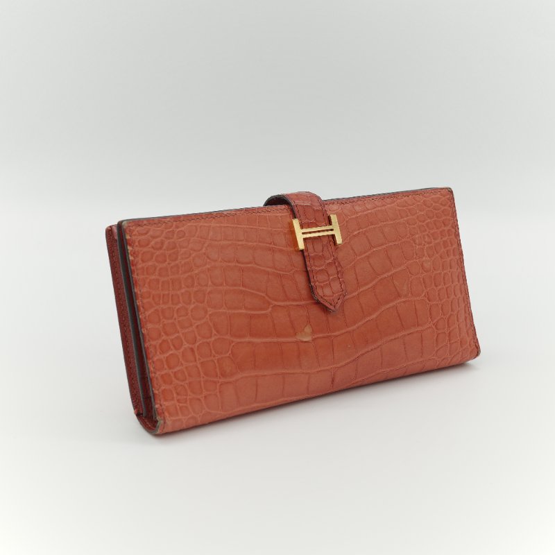Hermès 愛馬仕 Béarn Soufflet 橘色 鱷魚皮 長夾-3