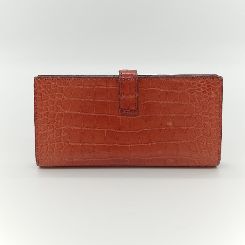Hermès 愛馬仕 Béarn Soufflet 橘色 鱷魚皮 長夾-4