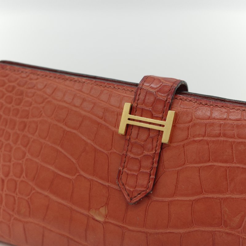 Hermès 愛馬仕 Béarn Soufflet 橘色 鱷魚皮 長夾-6
