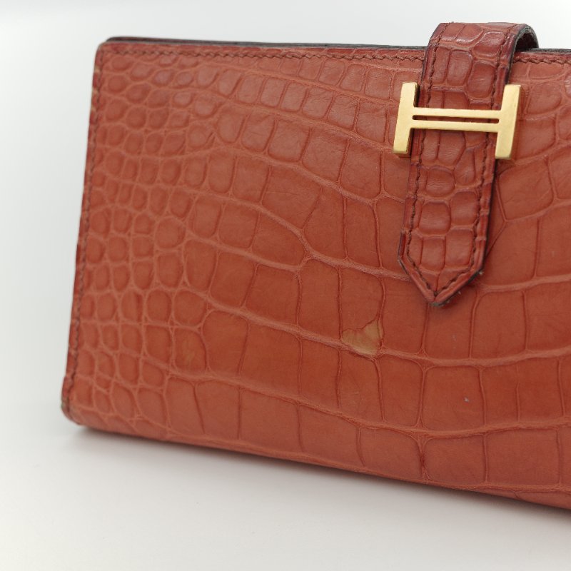 Hermès 愛馬仕 Béarn Soufflet 橘色 鱷魚皮 長夾-7