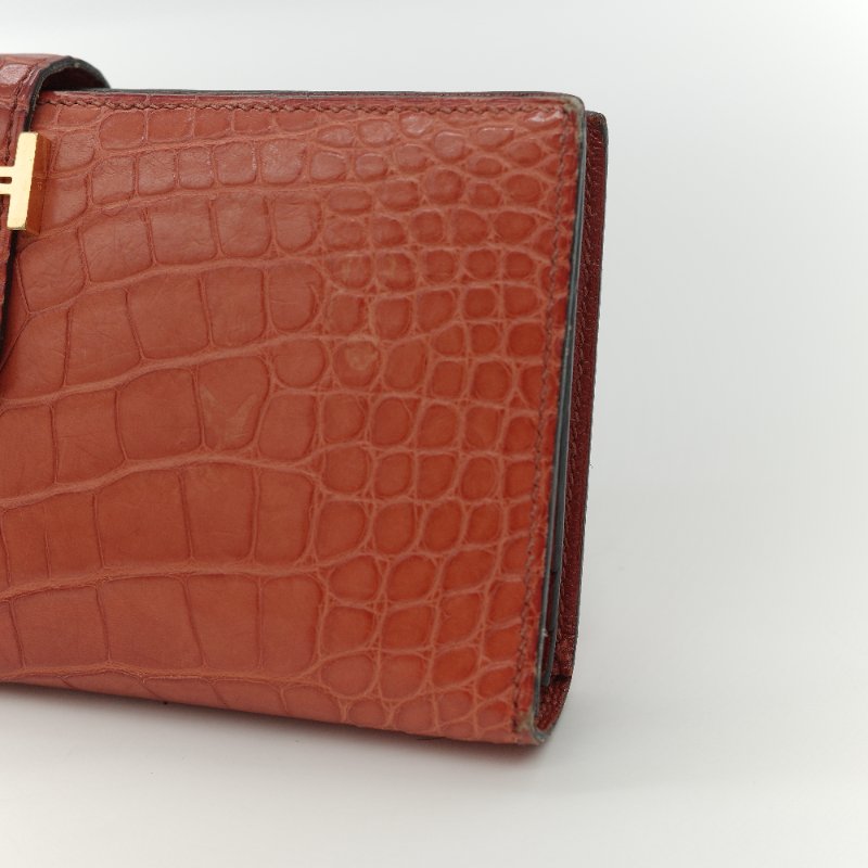 Hermès 愛馬仕 Béarn Soufflet 橘色 鱷魚皮 長夾-8