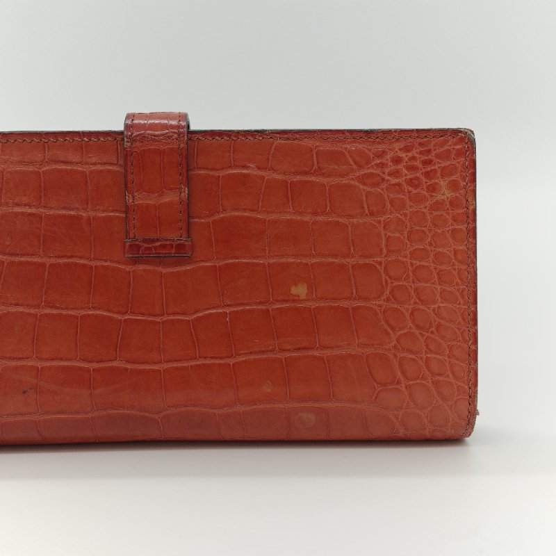 Hermès 愛馬仕 Béarn Soufflet 橘色 鱷魚皮 長夾-9