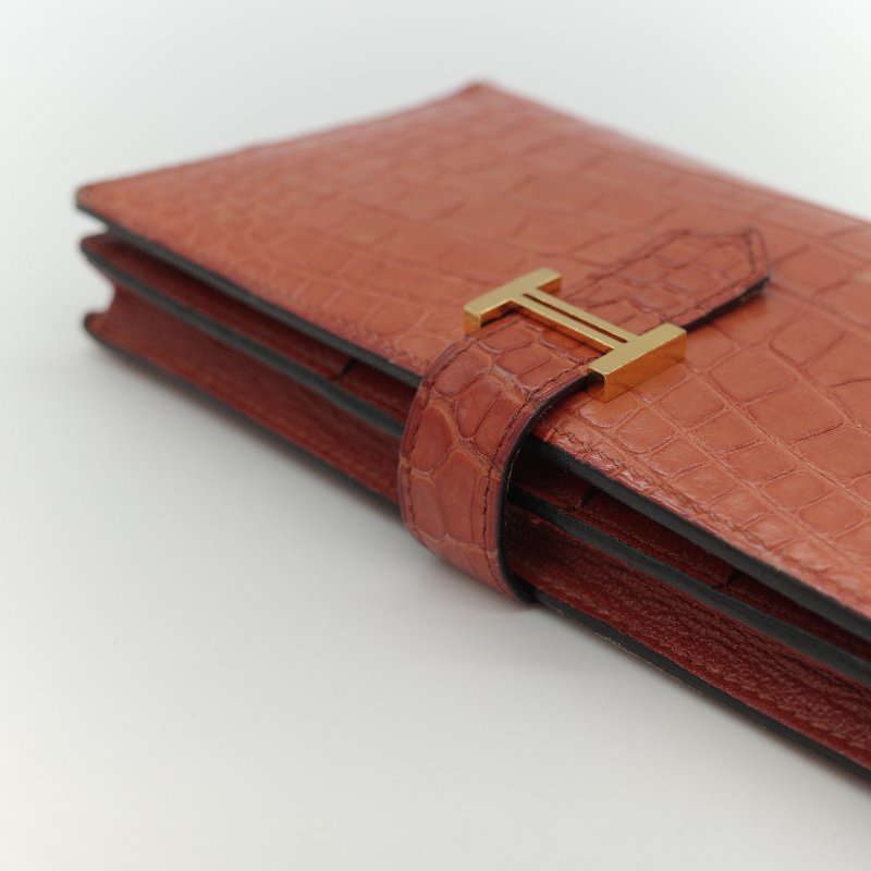 Hermès 愛馬仕 Béarn Soufflet 橘色 鱷魚皮 長夾-10