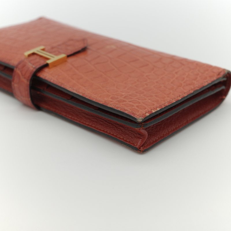 Hermès 愛馬仕 Béarn Soufflet 橘色 鱷魚皮 長夾-11