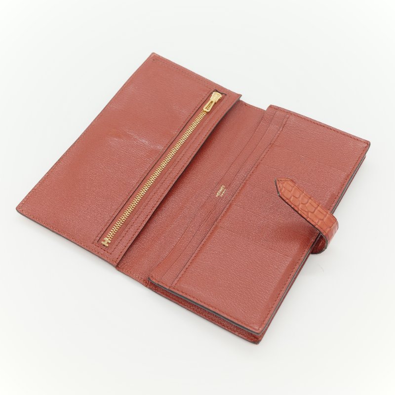 Hermès 愛馬仕 Béarn Soufflet 橘色 鱷魚皮 長夾-14
