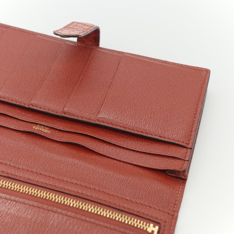 Hermès 愛馬仕 Béarn Soufflet 橘色 鱷魚皮 長夾-18
