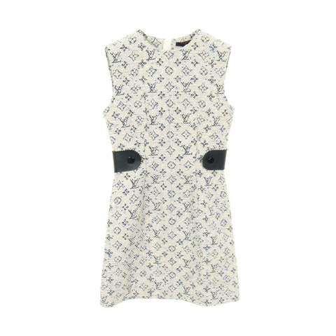 路易威登 Monogram 無袖連身裙 #36 棉質人造絲羊毛混紡 米色/藍色 二手 LV