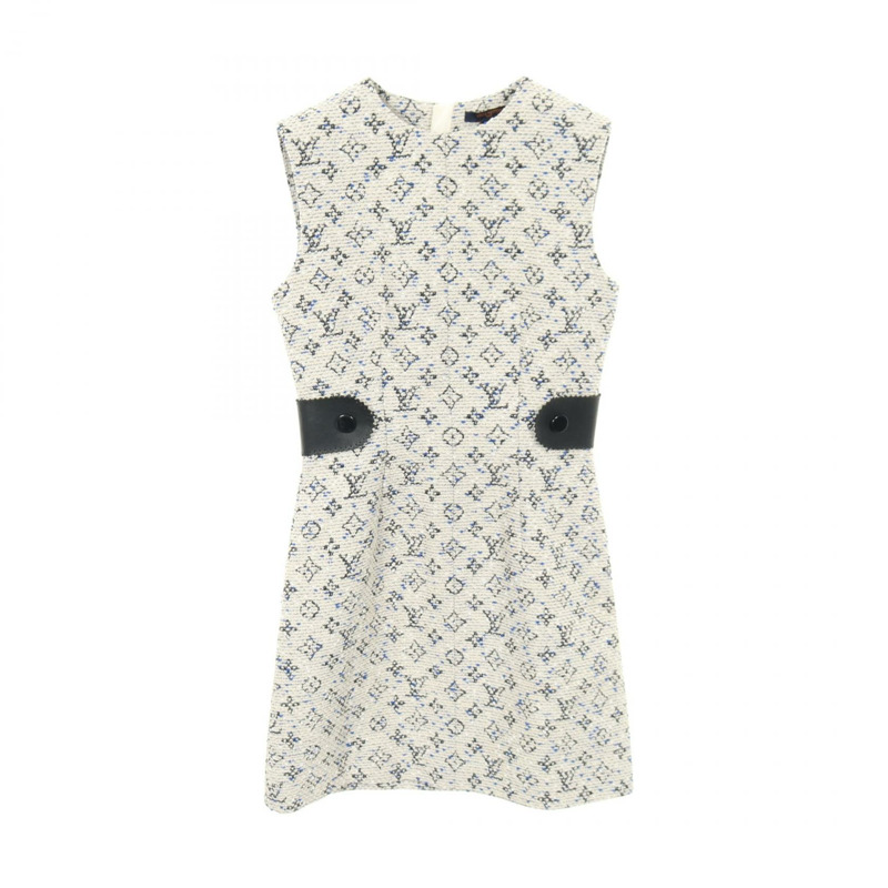 路易威登 Monogram 無袖連身裙 #36 棉質人造絲羊毛混紡 米色/藍色 二手 LV-0