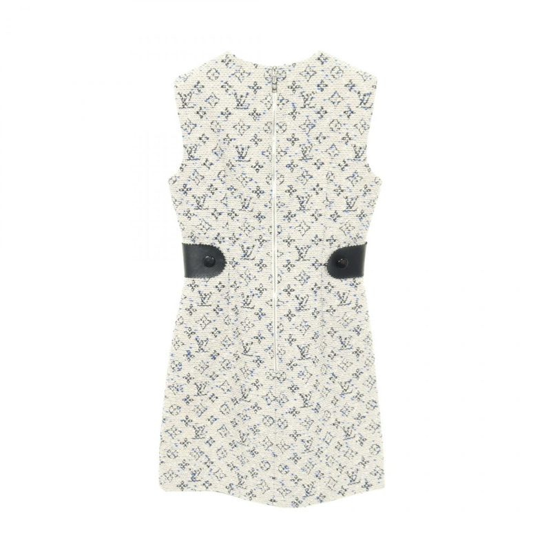 路易威登 Monogram 無袖連身裙 #36 棉質人造絲羊毛混紡 米色/藍色 二手 LV-1