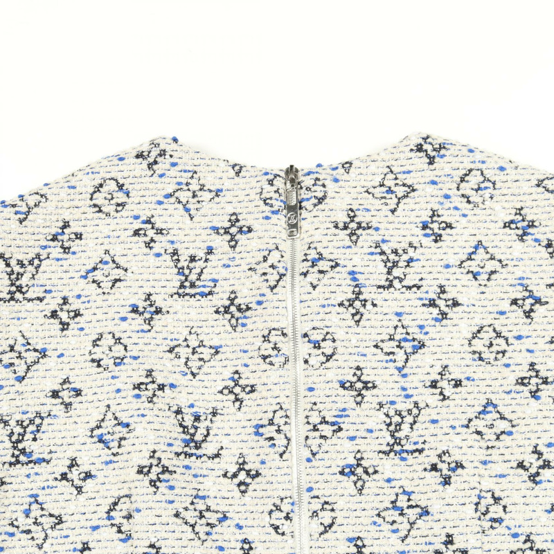 路易威登 Monogram 無袖連身裙 #36 棉質人造絲羊毛混紡 米色/藍色 二手 LV-4