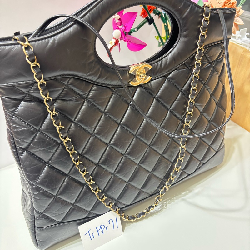 Chanel 香奈兒 晶片款 31bag 購物包 黑金 大號-8
