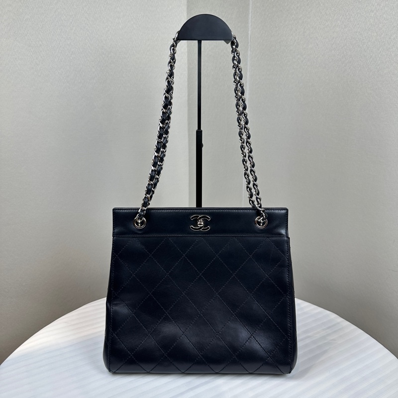 香奈兒/Chanel Vintage 中古菱格紋金扣黑色羊皮單肩包27x12x23cm-0