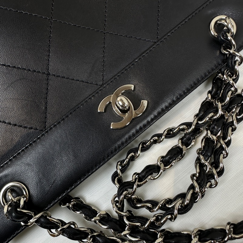 香奈兒/Chanel Vintage 中古菱格紋金扣黑色羊皮單肩包27x12x23cm-6