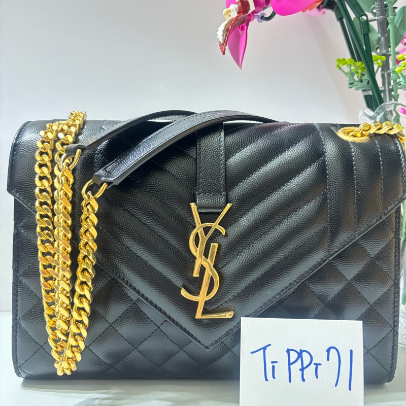 絕對正品 YSL 中款 信封包 ENVELOPE  學院包 ysl  黑金-1
