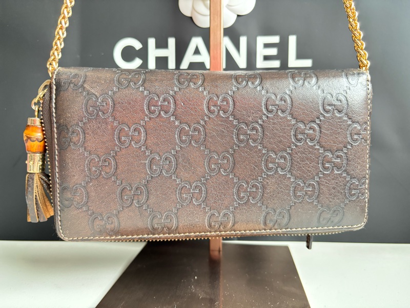 GUCCI 古馳 皮革竹節拉鏈長夾 發財包-1