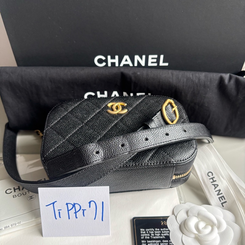 香奈兒隱藏版 chanel 經典黑金荔枝牛皮 黑魚子醬皮革 相機腰包-0