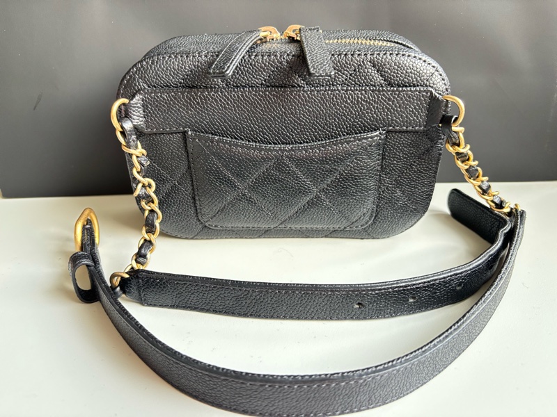 香奈兒隱藏版 chanel 經典黑金荔枝牛皮 黑魚子醬皮革 相機腰包-1