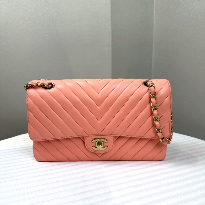 香奈兒/Chanel Chevron 經典CF V紋金扣珊瑚粉色牛皮單肩斜背包25.5x7x15cm-0