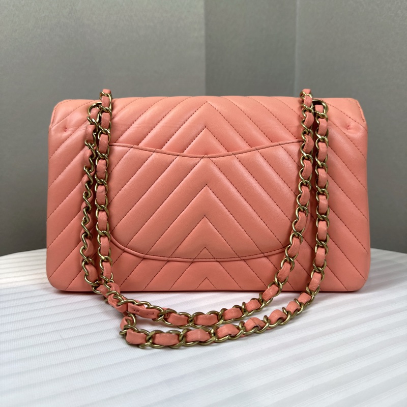 香奈兒/Chanel Chevron 經典CF V紋金扣珊瑚粉色牛皮單肩斜背包25.5x7x15cm-1