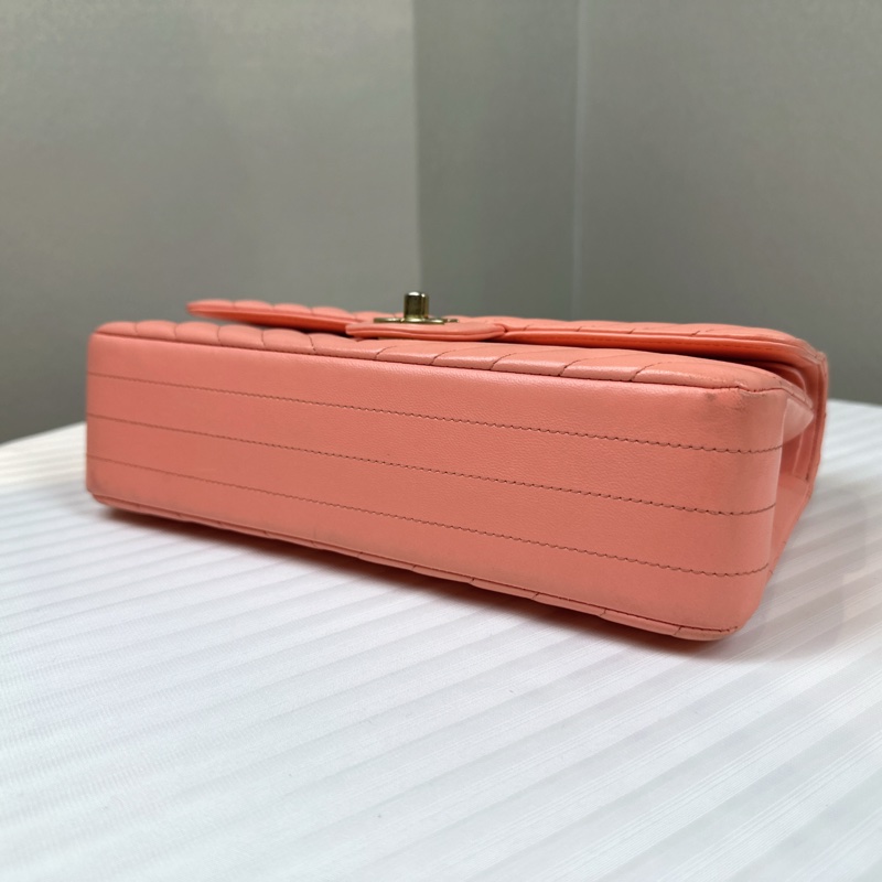 香奈兒/Chanel Chevron 經典CF V紋金扣珊瑚粉色牛皮單肩斜背包25.5x7x15cm-3