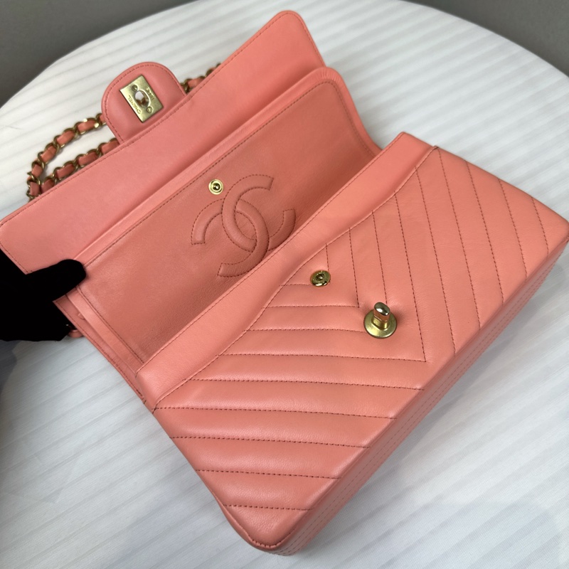 香奈兒/Chanel Chevron 經典CF V紋金扣珊瑚粉色牛皮單肩斜背包25.5x7x15cm-6