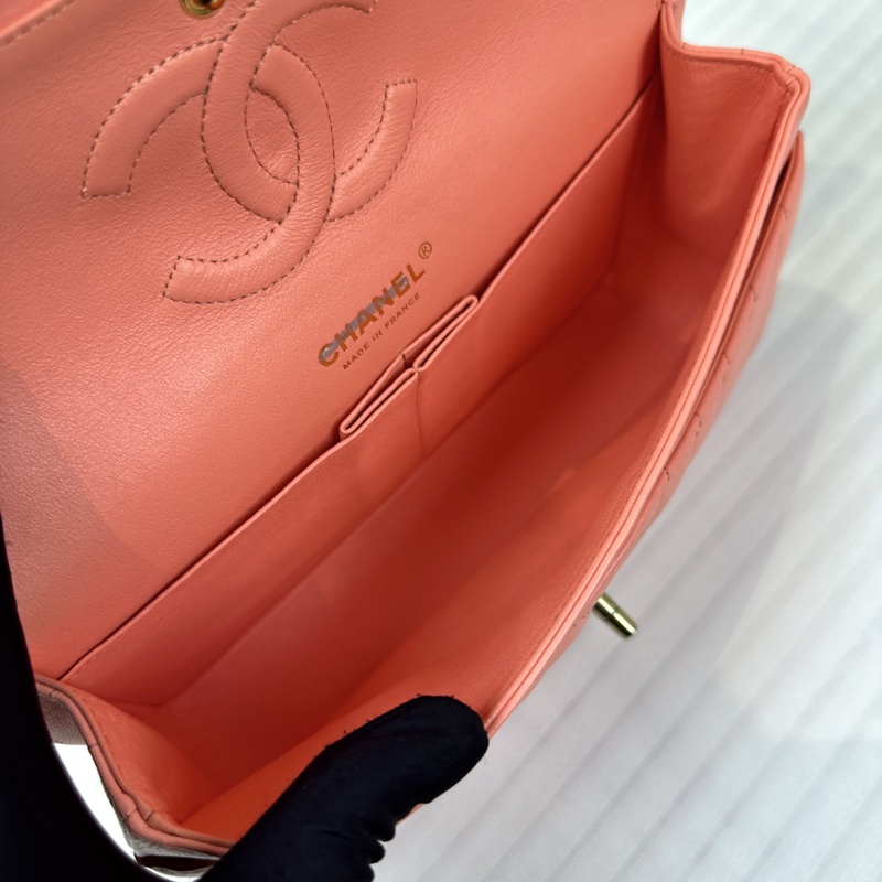 香奈兒/Chanel Chevron 經典CF V紋金扣珊瑚粉色牛皮單肩斜背包25.5x7x15cm-7