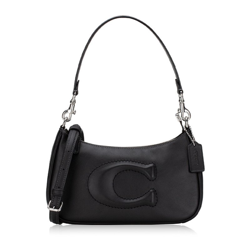 【COACH】縫線LOGO皮革半月包-黑色-3