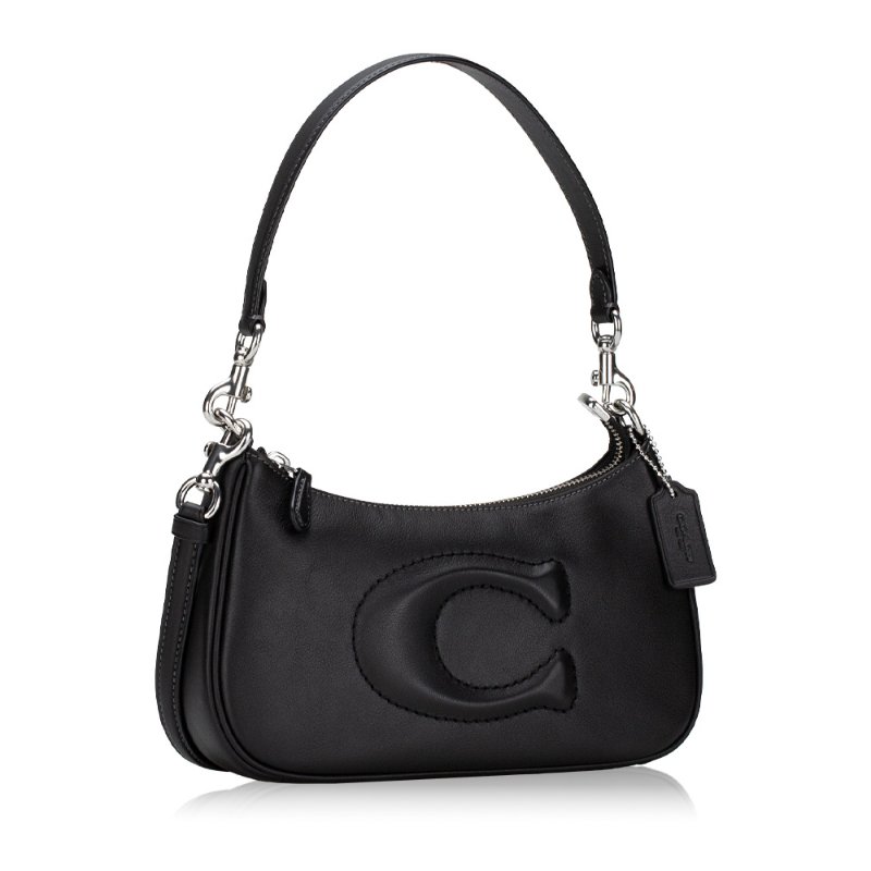 【COACH】縫線LOGO皮革半月包-黑色-4