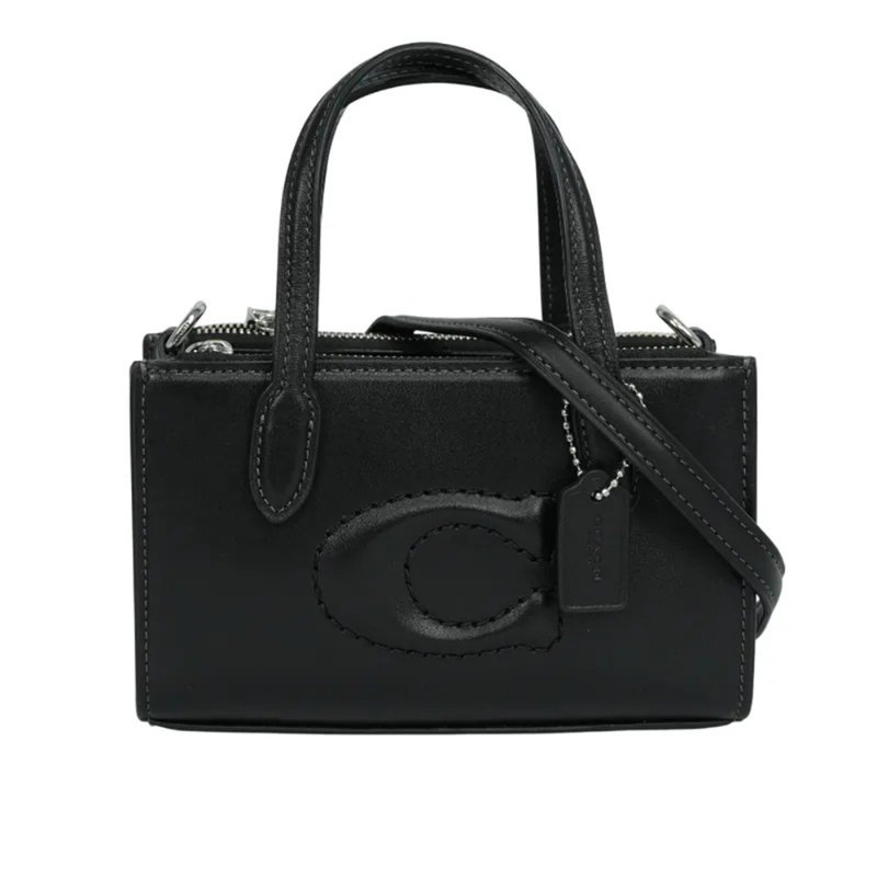 【COACH】縫線LOGO迷你托特兩用包-黑色-0
