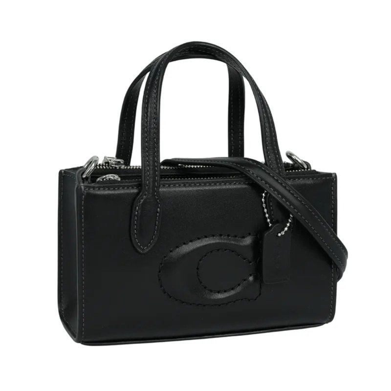 【COACH】縫線LOGO迷你托特兩用包-黑色-4