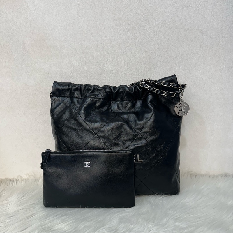 Chanel AS3260 黑皮銀鏈22bag 小號-0
