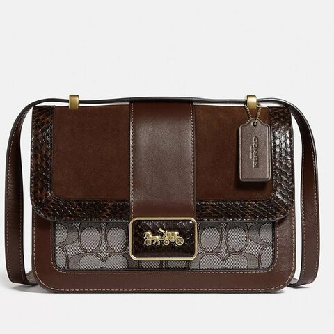 【COACH】老花蛇紋側背包-卡其咖啡色