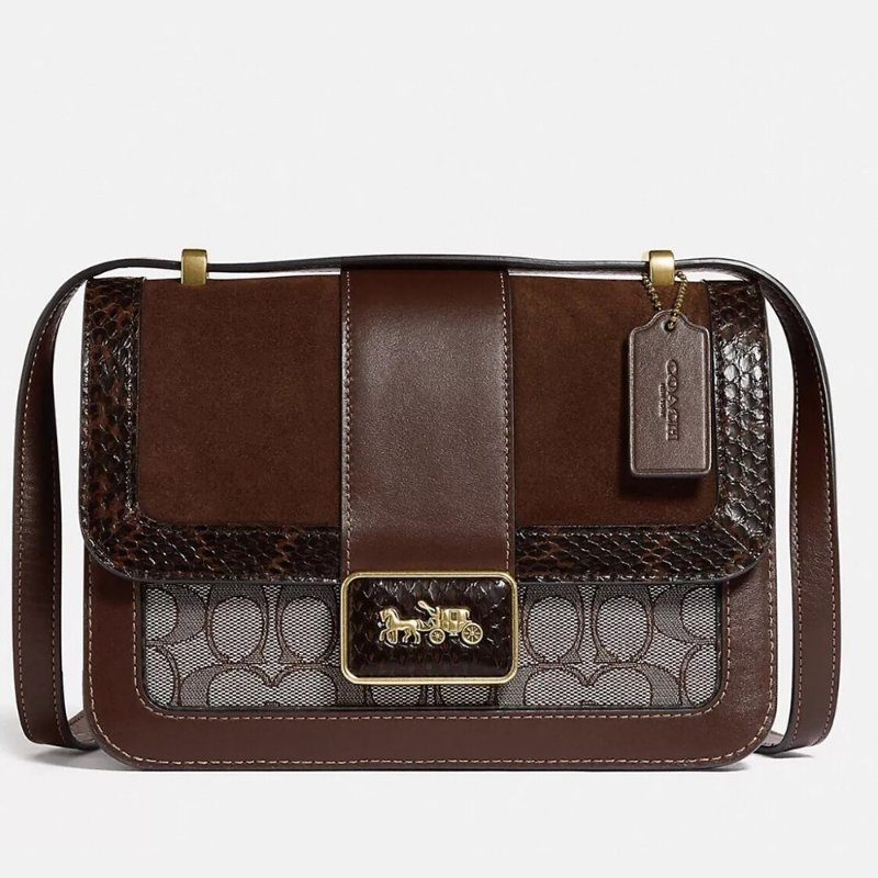 【COACH】老花蛇紋側背包-卡其咖啡色-0